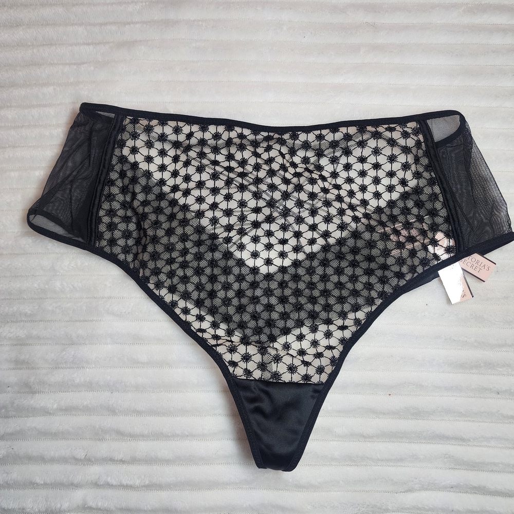 NWT Victoria's Secret Black Sheer Lace High-Waisted Thong Panties
